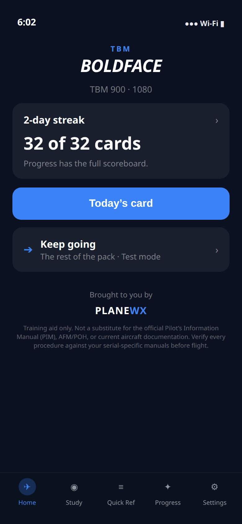 TBM Boldface Home — today’s card, streak, and Keep going
