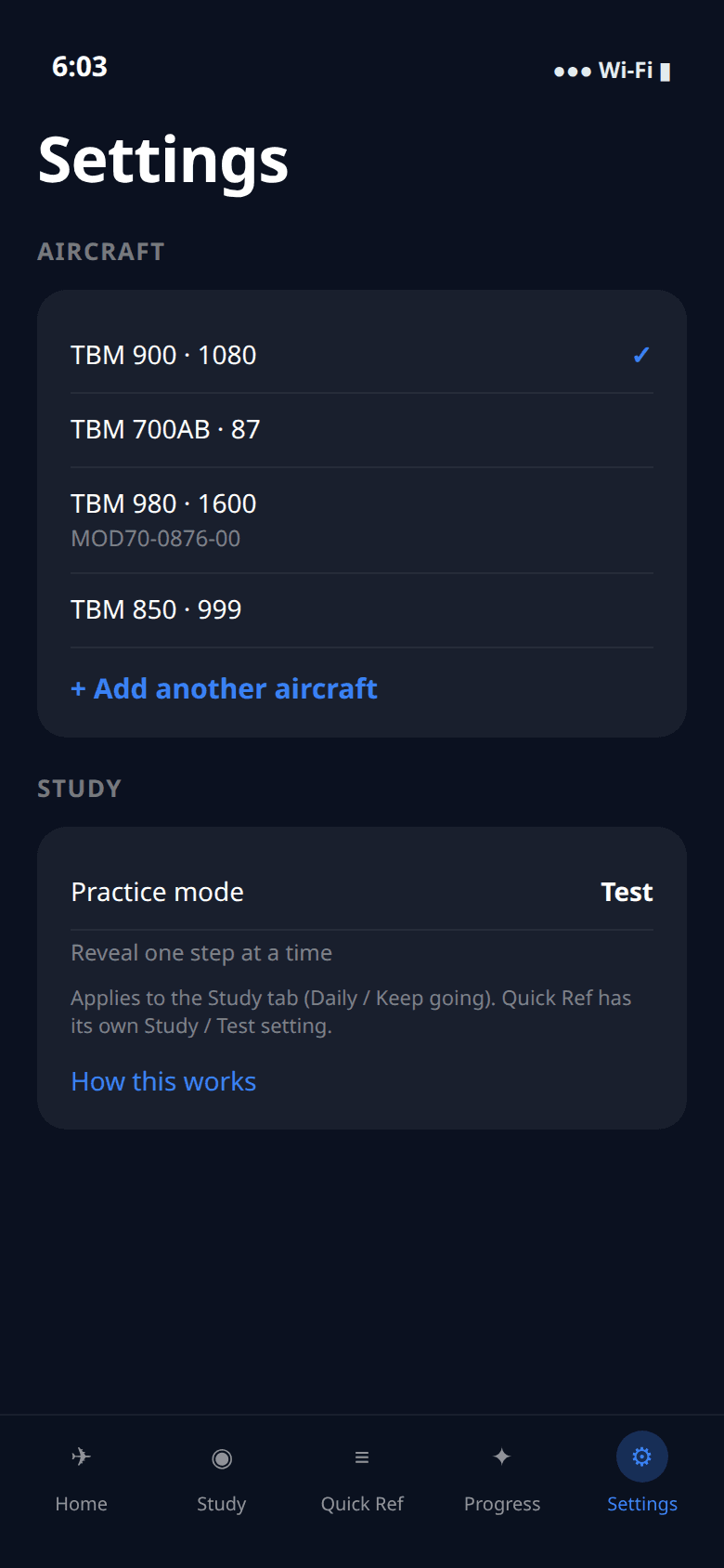 Settings — multiple aircraft and practice mode