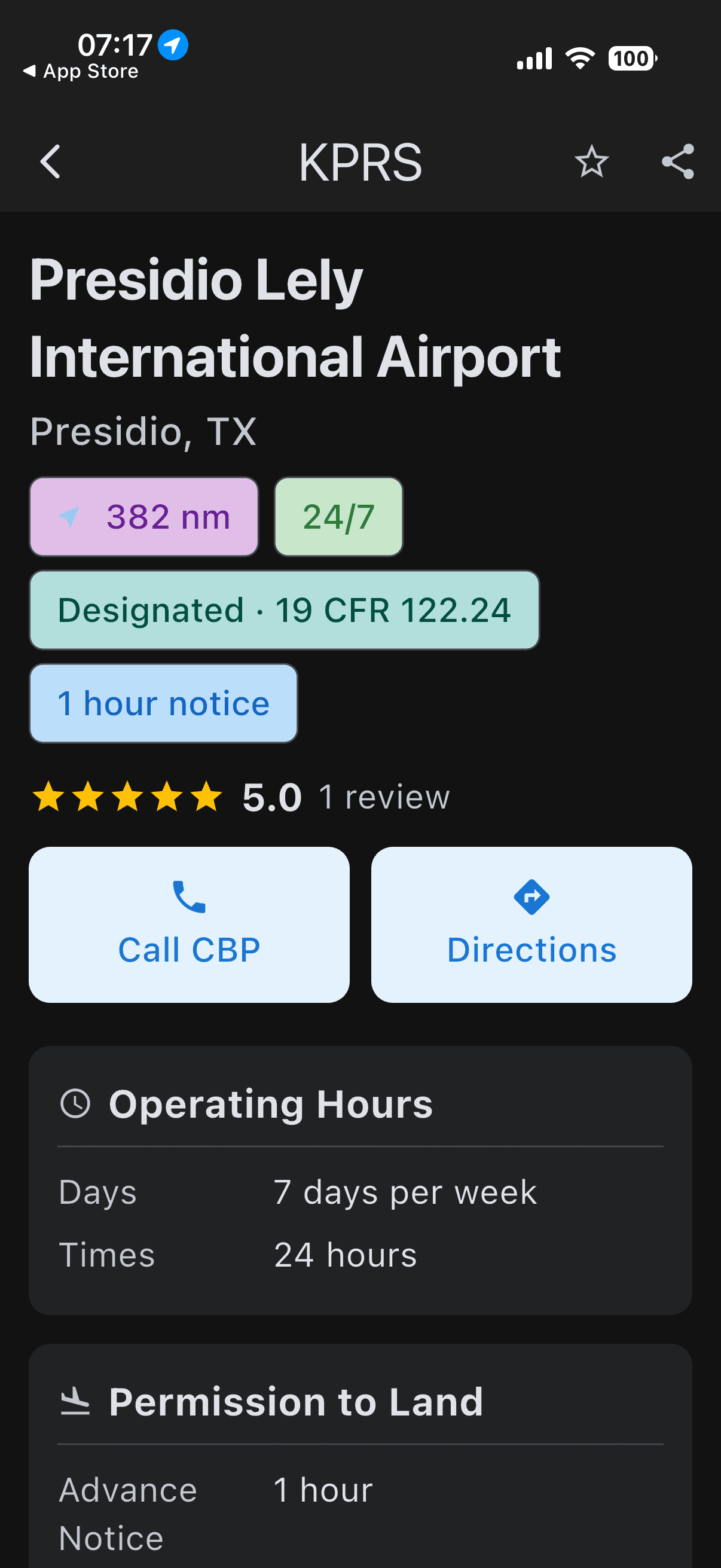 KPRS detail — operating hours and permission to land