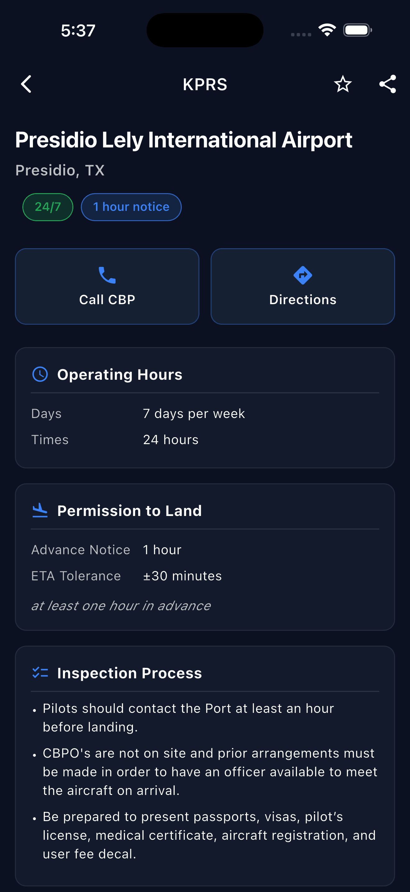 KPRS detail — operating hours and permission to land