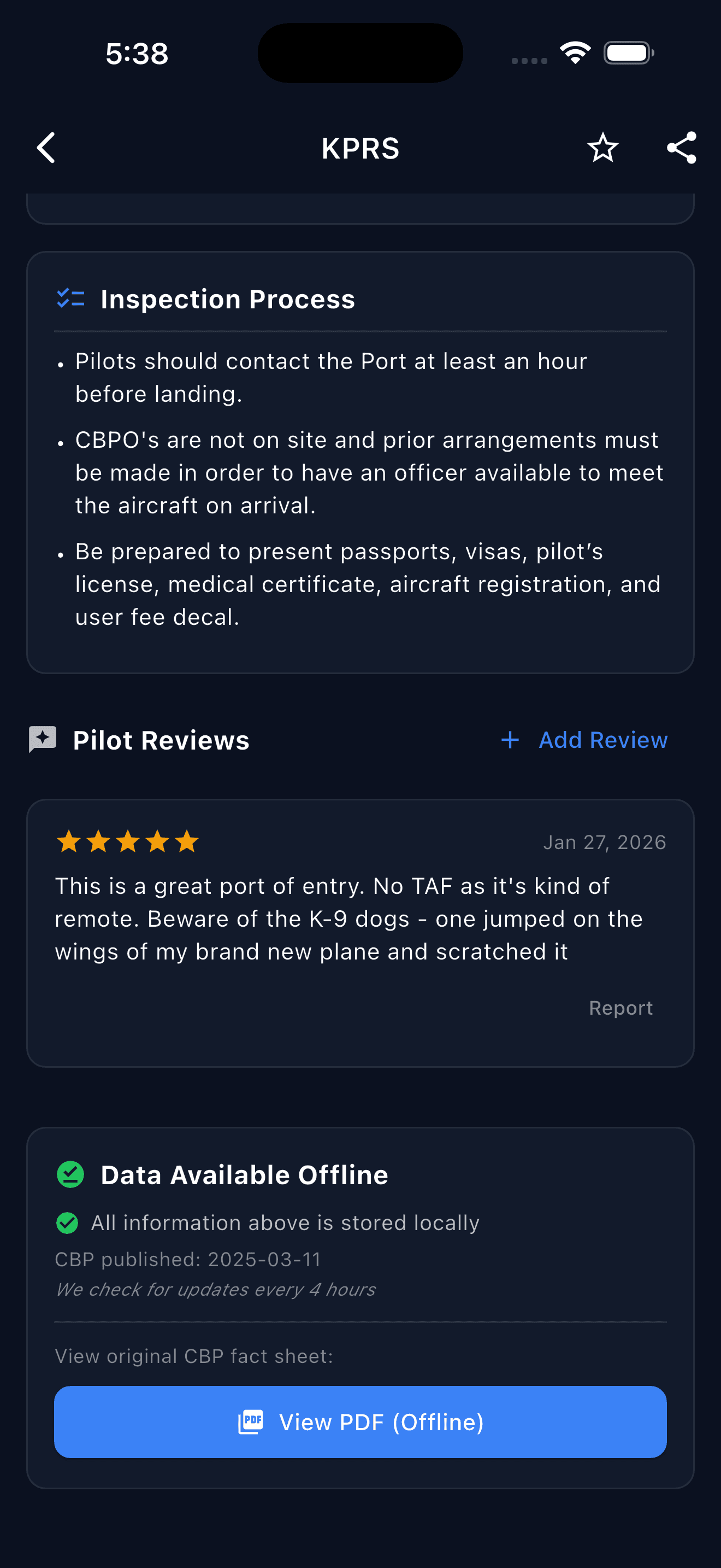 KPRS — inspection process, pilot reviews, offline PDF