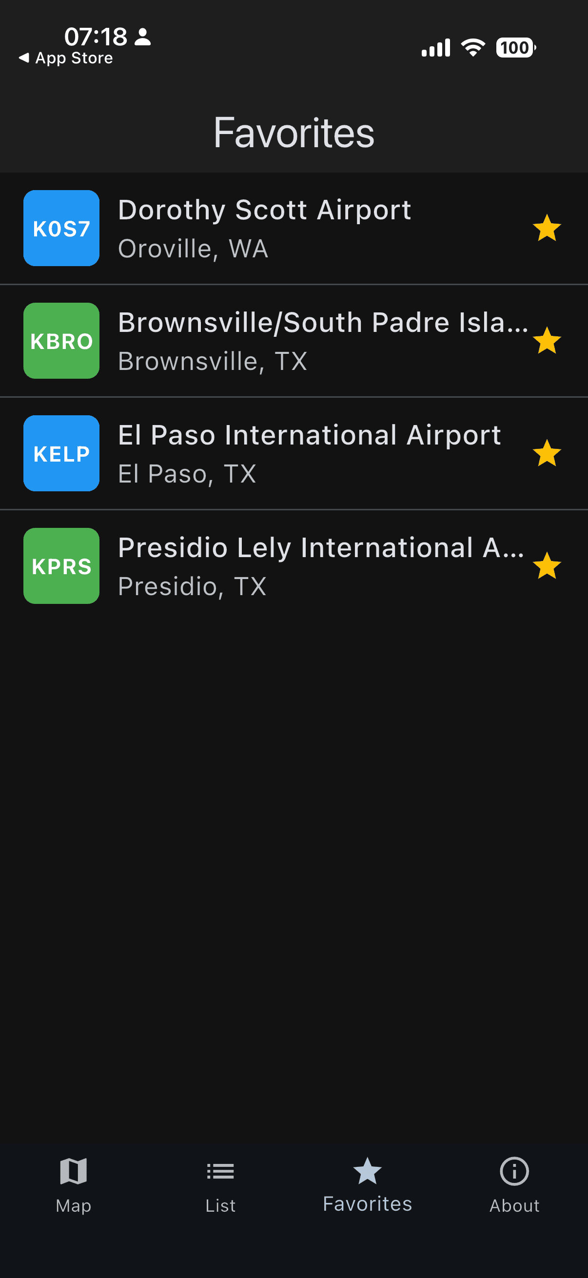 Favorites — saved Airports of Entry
