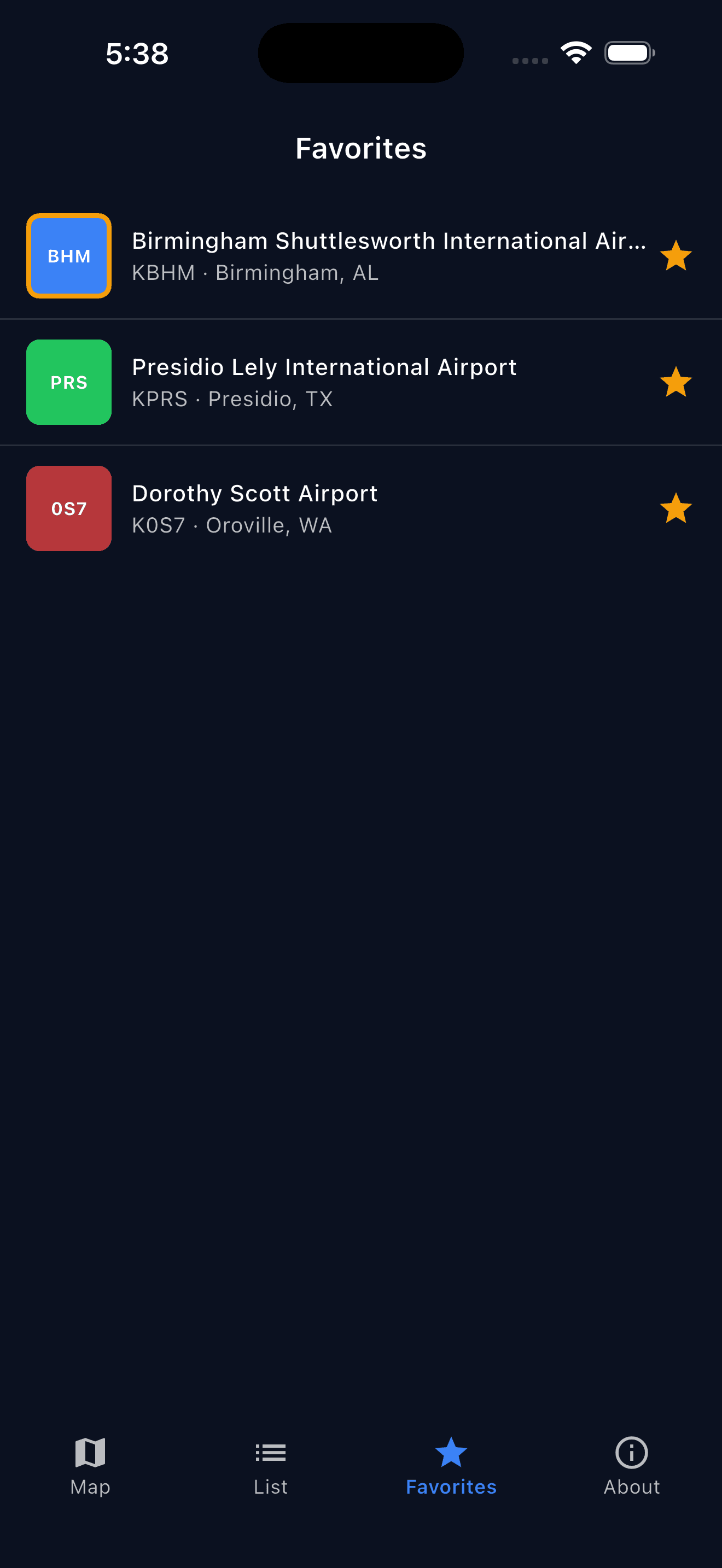 Favorites — saved Airports of Entry