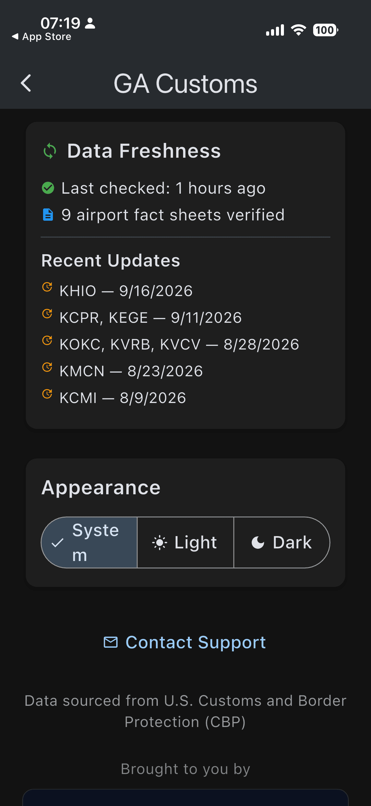 About — appearance and data freshness