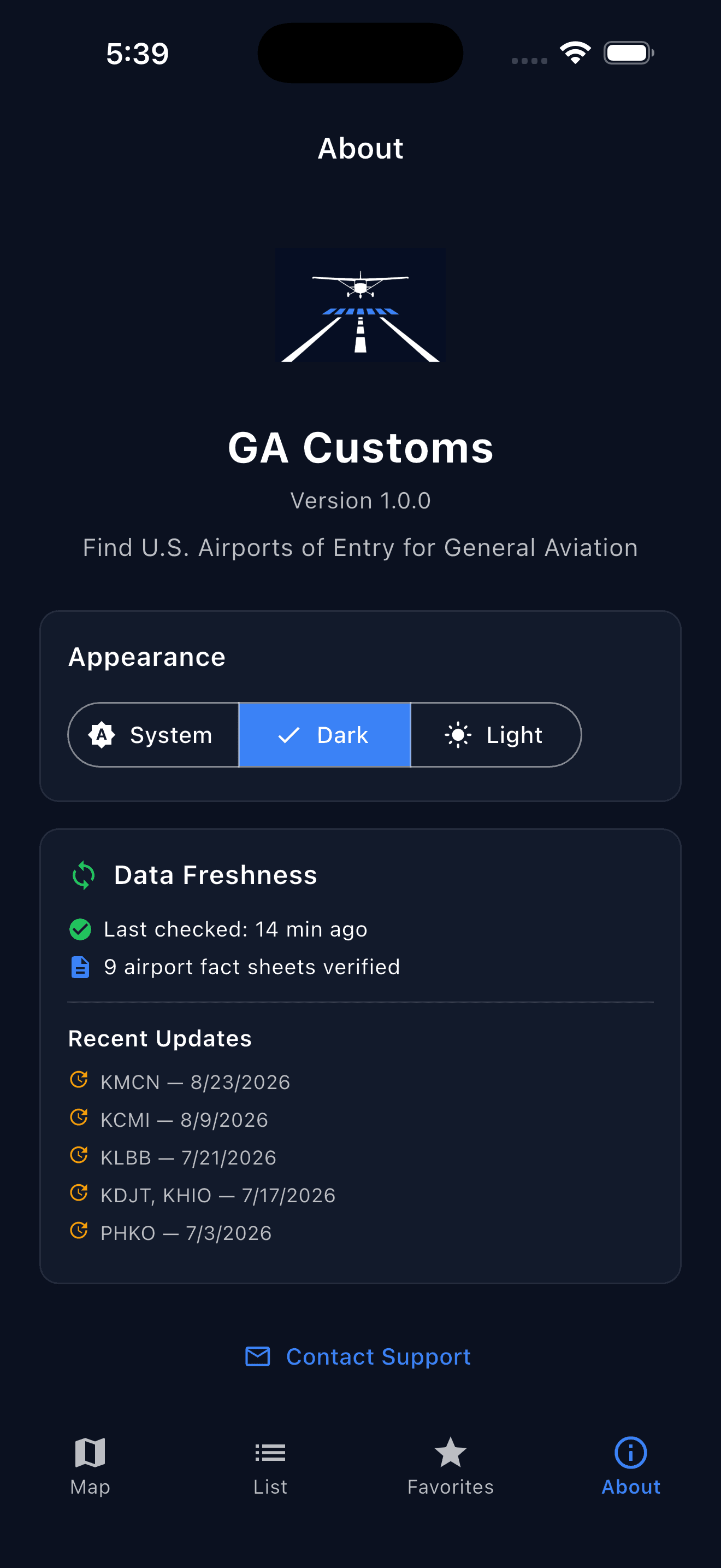 About — appearance and data freshness