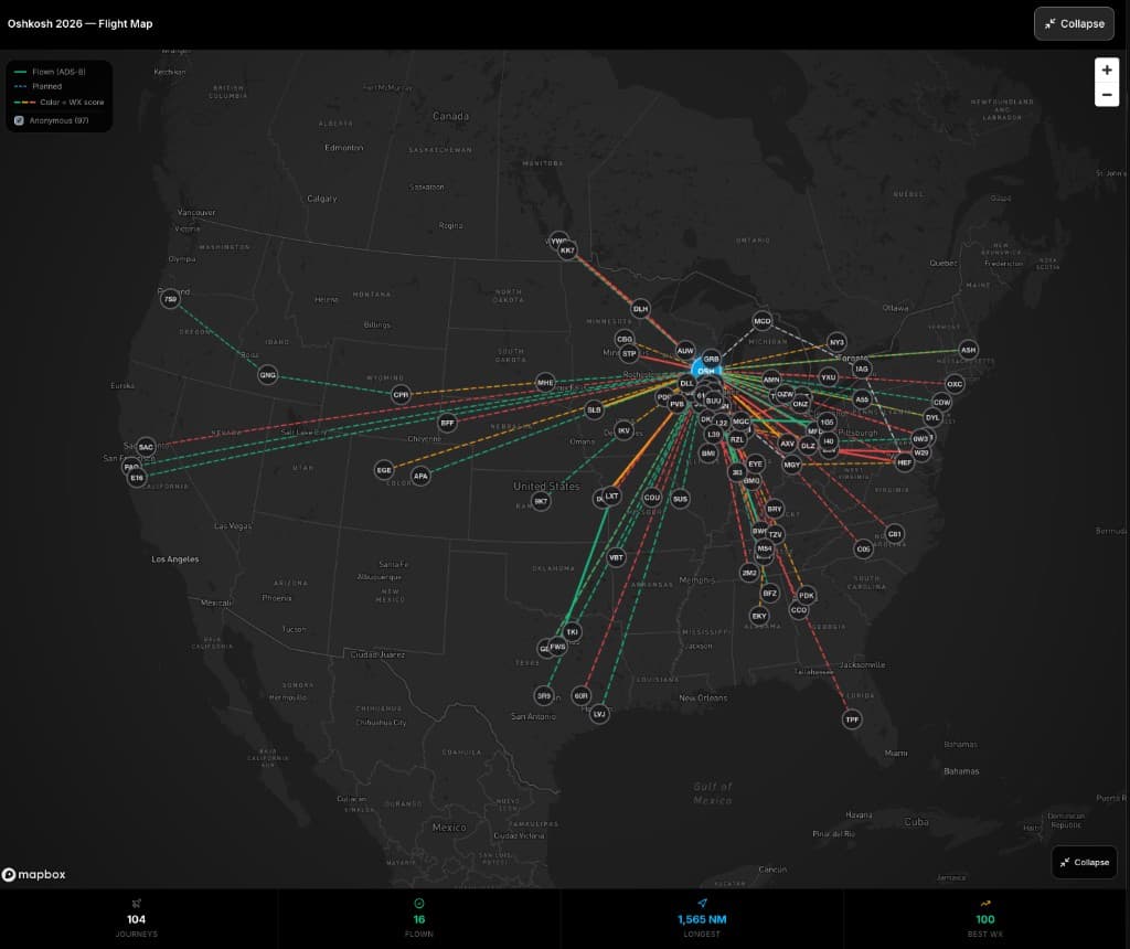 Map of PlaneWX journeys converging on Oshkosh, colored by WX Score