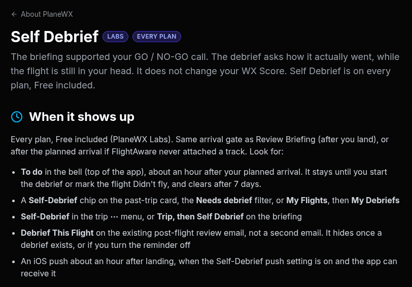 The PlaneWX Self Debrief help page, marked Every Plan, listing where the debrief shows up after you land