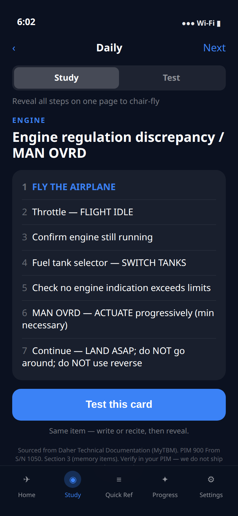 TBM Boldface Study screen