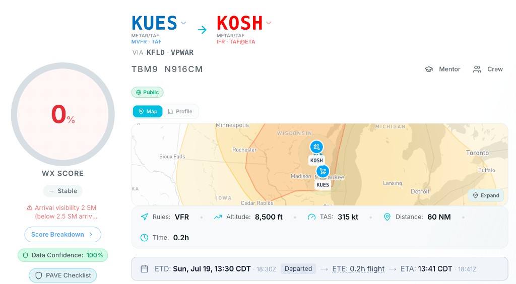 WX Score 0% — KUES to KOSH